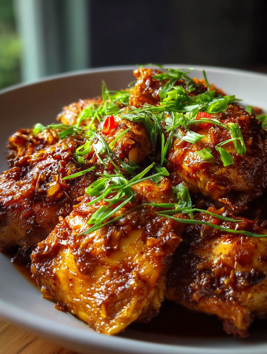 Teller mit langsam gegartem Hähnchen in brauner Zucker Knoblauch Sauce