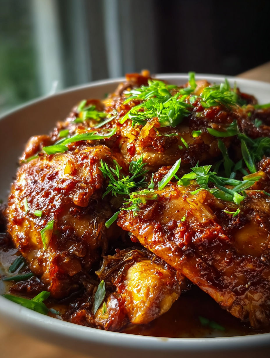 Eine Schüssel mit langsam gekochtem Knoblauch-Hähnchen und braunem Zucker.
