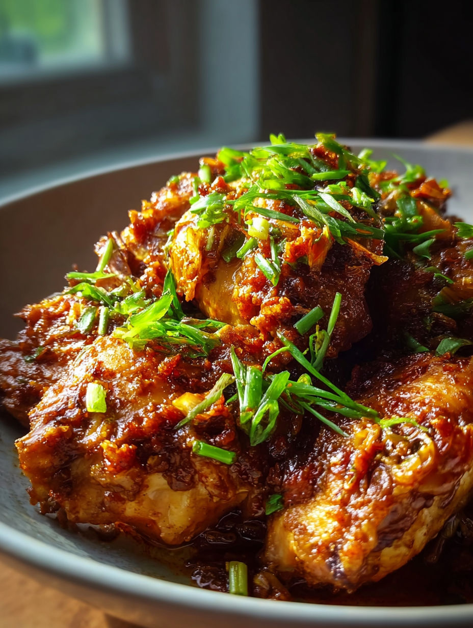 Ein Teller mit langsam gekochtem Knoblauch-Hähnchen mit braunem Zucker.