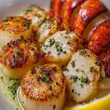 Ein Teller mit Hummer, Scallops und Garnelen.