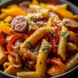 Eine Schüssel Pasta mit Wurst und Paprika.