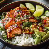 Eine Schale mit Reis, Fisch und Limette.