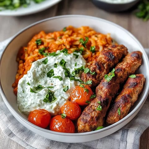Eine Schüssel mit veganen Cevapcici, cremigen Tomaten-Kritharaki, saftigen Tomaten und frischem Cilantro garniert.