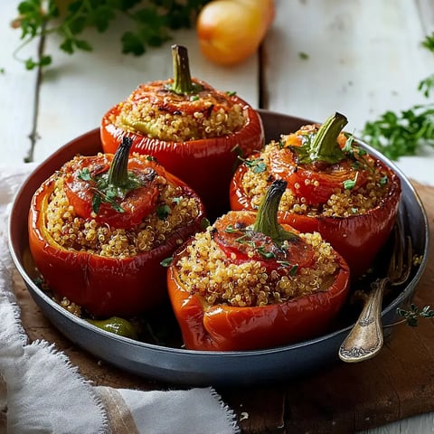 Ofenpaprikaschoten gefüllt mit Quinoa und Feta, serviert in einer Schale.
