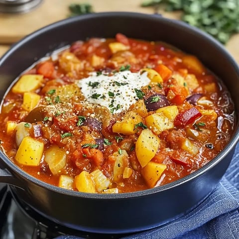 Nährstoffreicher Linseneintopf mit frischem Gemüse, garniert mit Kräutern und saurer Sahne, in einem schwarzen Topf.
