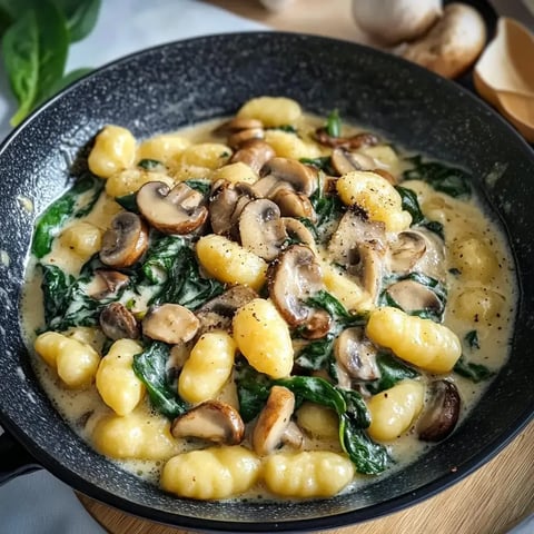 Leckere Gnocchi mit cremiger Soße, serviert mit Pilzen und frischem Spinat.