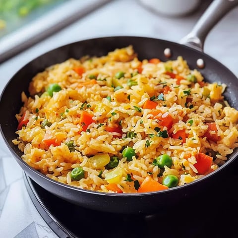 Eine farbenfrohe Pfanne mit Reis, Paprika, Erbsen und Kräutern auf dunklem Hintergrund.