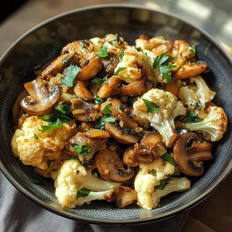 Gebratener Blumenkohl und Pilze in einer Schale mit frischen Kräutern dekoriert.