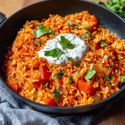 Ein Teller mit aromatischem Reis, verfeinert mit saftiger Paprika, Kräutern und einem Klecks frischer Joghurtsoße.