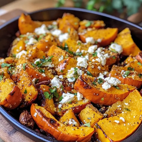 Hokkaido-Kürbis mit Feta und frischen Kräutern angerichtet.