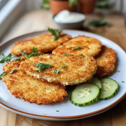 Gebratene, goldbraune Kohlrabischeiben auf einem Teller mit frischen Kräutern und Gurkensalat.