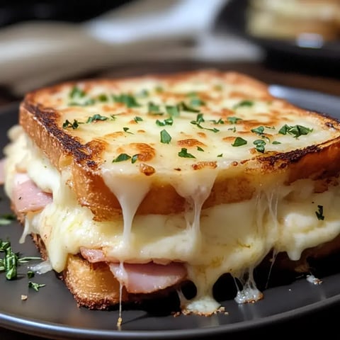 Ein goldbraun geröstetes Sandwich mit schmelzendem Käse und zartem Schinken, dekoriert mit frischer Petersilie.