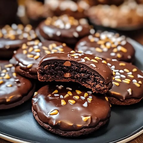 Ein Teller voller Kekse mit Schokoladenüberzug, einer davon angebissen, Füllung sichtbar.