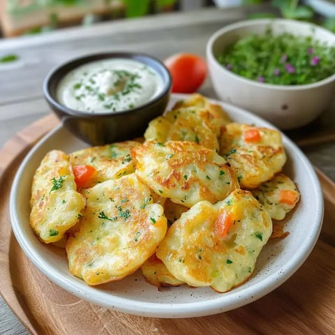 Ein knuspriger Gemüseschmarrn auf einem Teller, serviert mit Kräuterdip und einer Beilage aus frischen Kräutern.