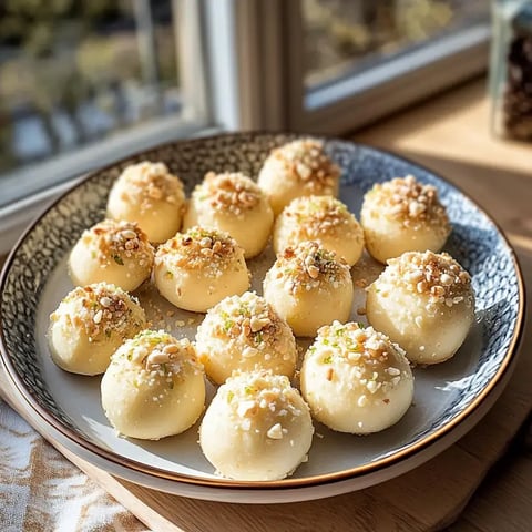 Eine Schale mit weißen Pralinen, dekoriert mit gehackten Pistazien und Kräutern, präsentiert auf einem Tisch vor einem Fenster.