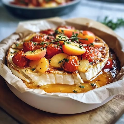 Ofen-Frischkäse mit süßen Tomaten, reifen Pfirsichen und frischen Kräutern, serviert in einer weißen Form.