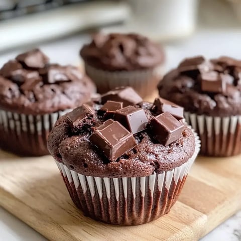 Drei fluffige Muffins gefüllt mit Schokolade auf einem Holzbrett.