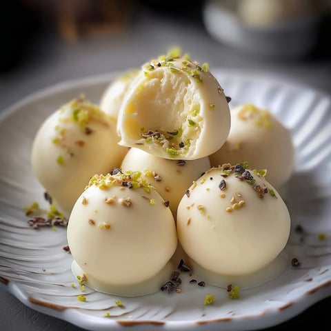 Eine Schale mit weißen Kugelpralinen, von denen eine halbiert ist und mit gehackten Nüssen und Limettenschale dekoriert ist.