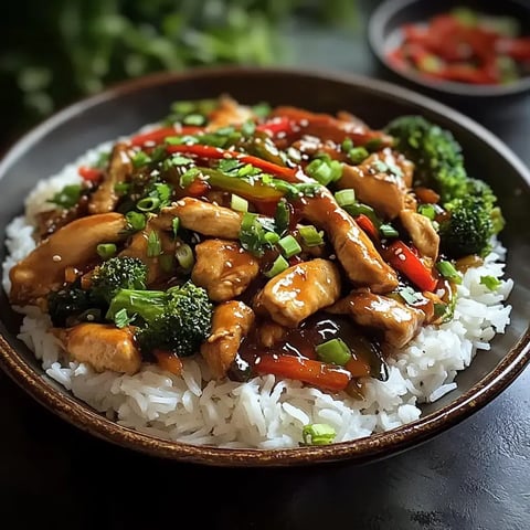Ein lecker angerichtetes Gericht mit Hähnchen, Reis, Paprika und Brokkoli in dunkler Soße.