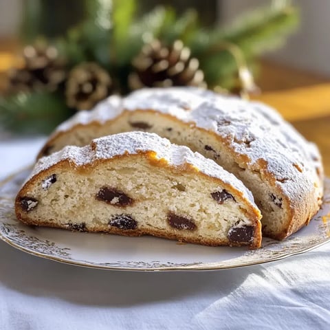 Christstollen mit Puderzucker, dekoriert auf einem Teller – angeschnitten mit Blick auf die Füllung in weihnachtlichem Ambiente.
