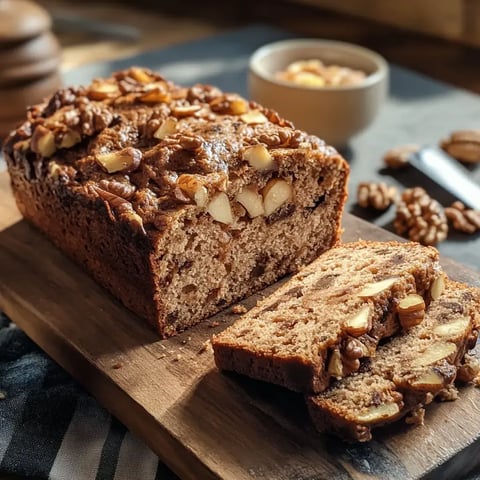 Ein saftiger Nusskuchen, bei dem ein Stück auf einem Holzbrett liegt.