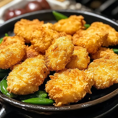 Goldbraune Nuggets mit frischem Gemüse angerichtet.