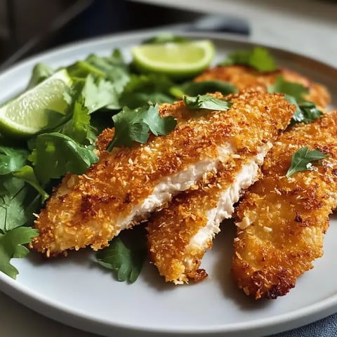 Knuspriges Kokos-Hähnchen, garniert mit Limetten und Koriander.