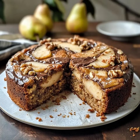 Ein Birnenkuchen mit Schokoglasur und Walnüssen auf einem Teller, von dem ein Stück fehlt.