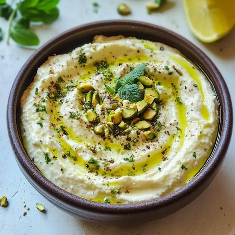 Eine Schüssel mit cremigem Dip, garniert mit Pistazien, Olivenöl und einem Hauch Minze.