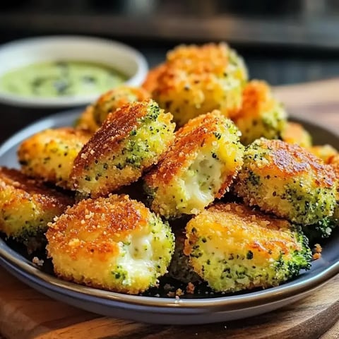 Knusprige Käse-Brokkoli-Snacks auf einer Servierplatte, daneben eine Schale mit Dip-Sauce.