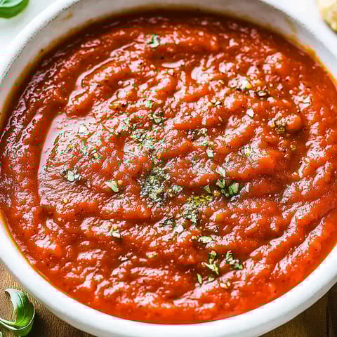 Eine Schale voller roter, aromatischer Tomatensauce, dekoriert mit frischen Kräutern und Gewürzen.