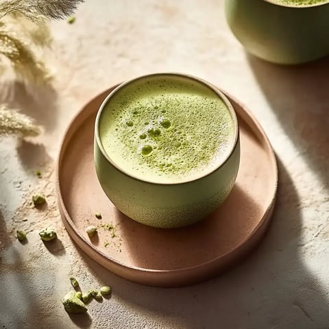 Ein Nahaufnahme eines schaumigen grünen Getränks in einer strukturierten Tasse, auf einem runden Teller platziert, mit verstreutem Matcha-Pulver drumherum.