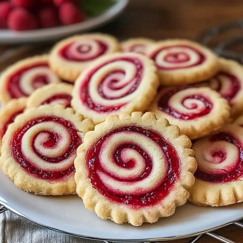Ein Teller mit spiralförmigen Keksen, gefüllt mit roter Fruchtmasse, umgeben von frischen Himbeeren.