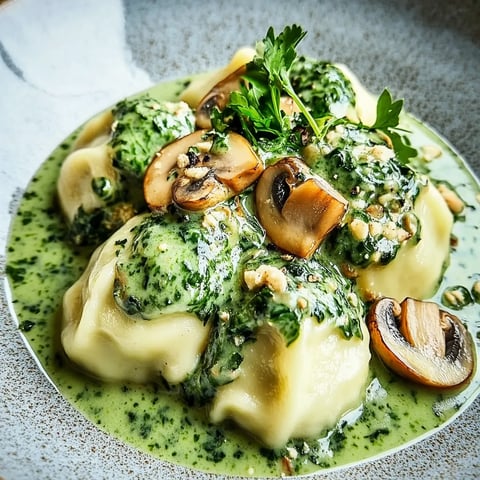 Spinat-Knodel mit Pilzragout