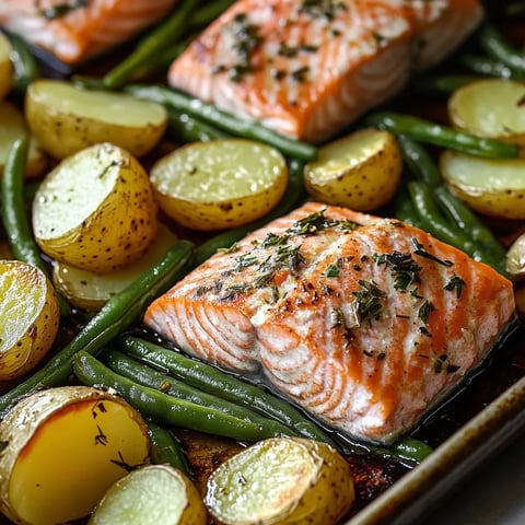 Einfaches Blechlachs Rezept mit grünen Bohnen und Kartoffeln