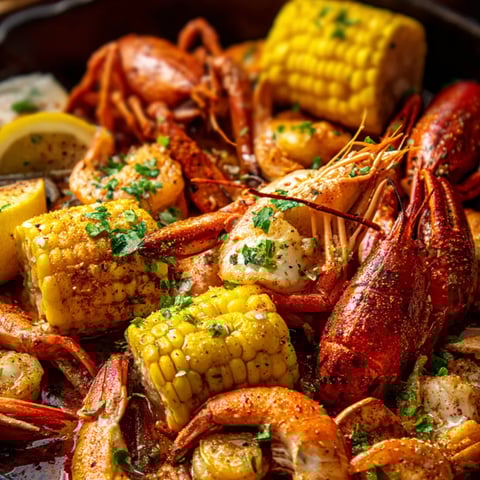 Eine Schüssel Meeresfrüchte mit Mais und Zitrone.