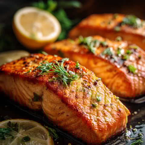 Ein Teller mit Fisch und Zitronenscheiben.