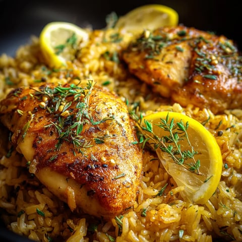 Eine Schüssel Reis mit Hühnerstücken und Zitronenscheiben.