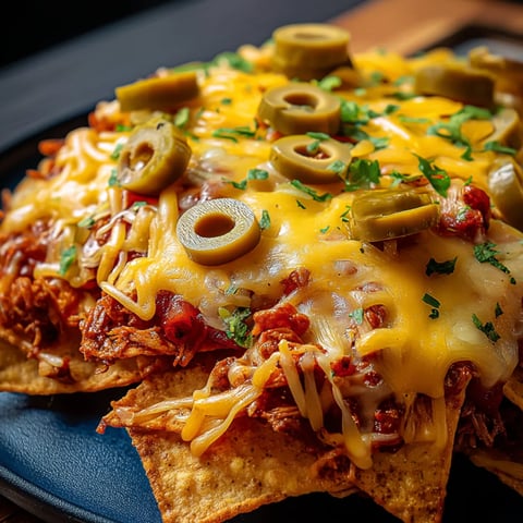 Ein Teller Nachos mit Oliven obendrauf.