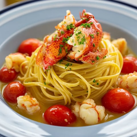 Ein Teller mit Hummer und Tomaten.