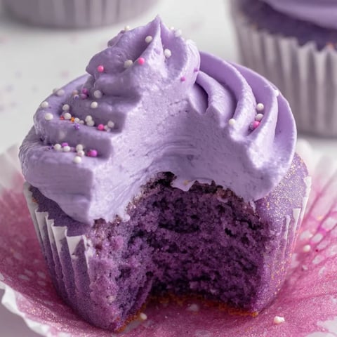 Ein lila Cupcake mit rosa Frosting.