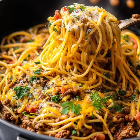 Eine Schüssel Nudeln mit Fleischsoße.