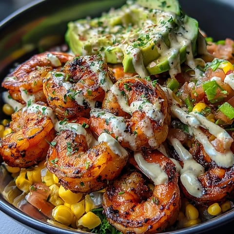 Eine Schale mit Garnelen, Mais und Avocado.