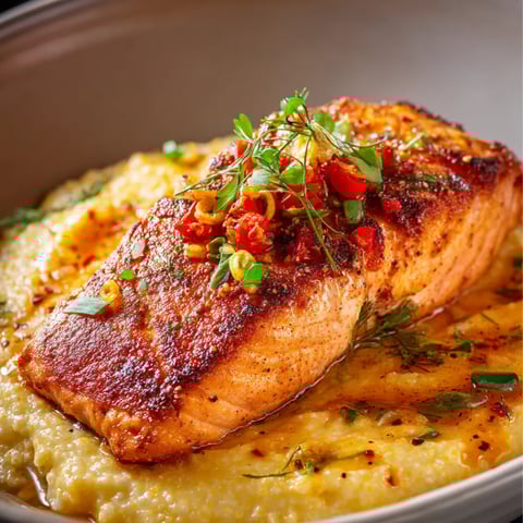 Ein Stück Lachs mit Peperoni obendrauf.