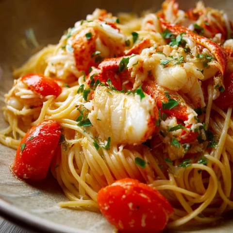 Eine Schüssel Pasta mit Tomaten und Hummer.