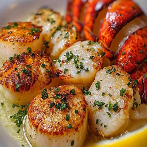 Ein Teller mit Hummer, Scallops und Garnelen.