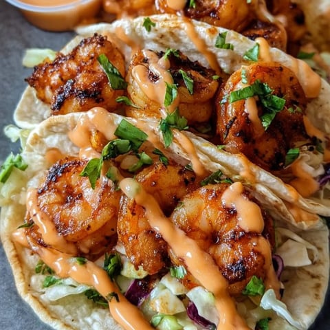 Eine Platte mit Shrimptacos und einer Soße an der Seite.