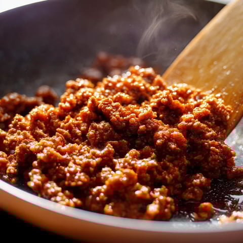 Eine Schüssel mit Fleisch, das gerührt wird.