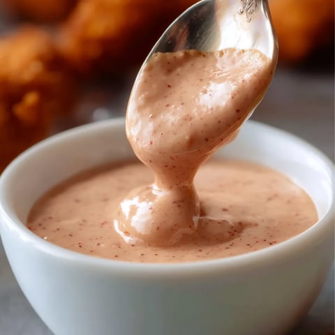 Ein Löffel steckt in einer Schüssel mit Soße.