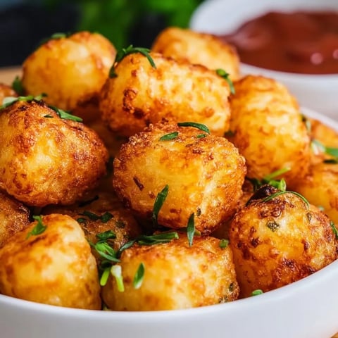 Eine Schüssel mit knusprigen Kartoffelhappen und einem Dip.